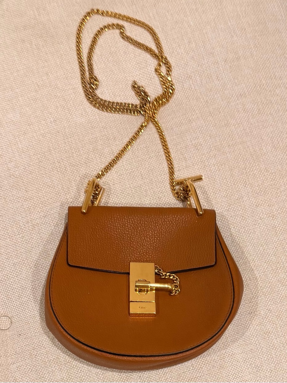 Chloe Mini Drew Shoulder Bag in Cognac Brown with Gold Hardware